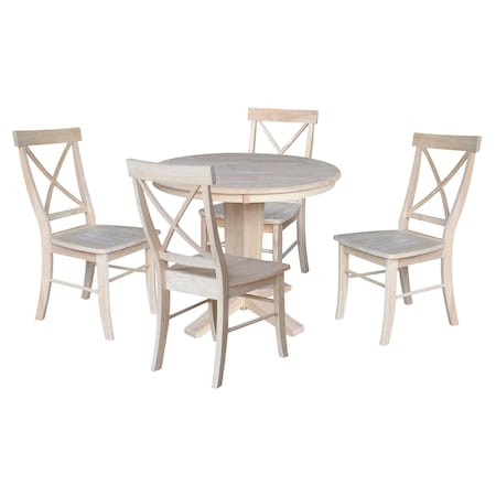 International Concepts 36 in. Solid Wood Round Top Pedestal Dining Table with 4 Chairs, Unfinished K-36RT-23B-C613-4